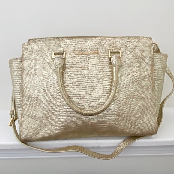 Michael Kors Selma Large Top Zip Satchel Bag‎ Embossed Gold - Picture 1 of 9